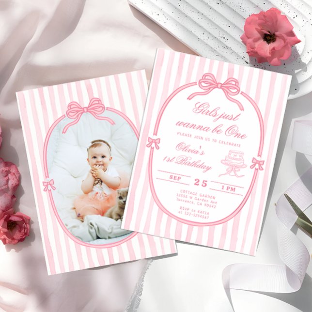 Pink Bow First Birthday Girl Invitation (Creator Uploaded)