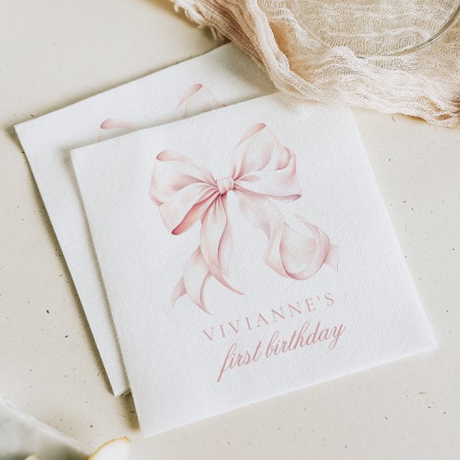 Pink Bow First Birthday Girl Napkin (Creator Uploaded)