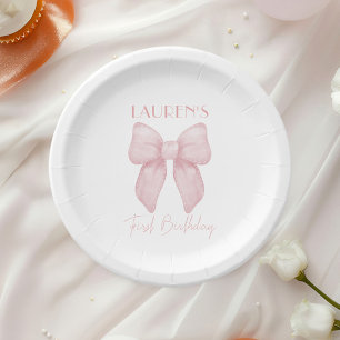 Pink Bow First Birthday Girl Paper Plate