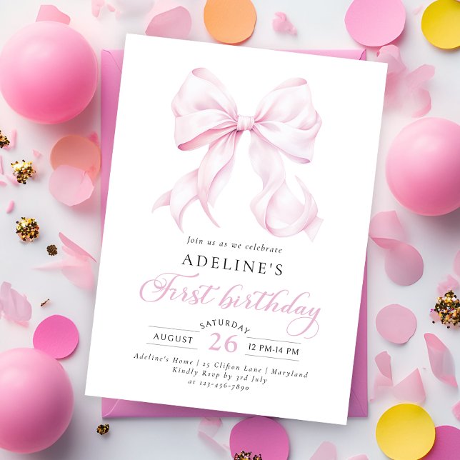 Pink Bow First Birthday Invitation (Creator Uploaded)