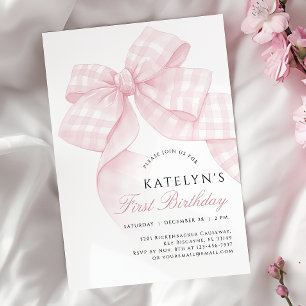 Pink Bow First Birthday Invitation
