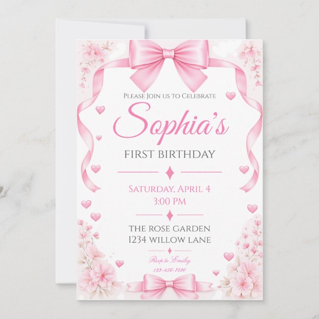 Pink Bow First Birthday Invitation | Coquette Girl (Front)