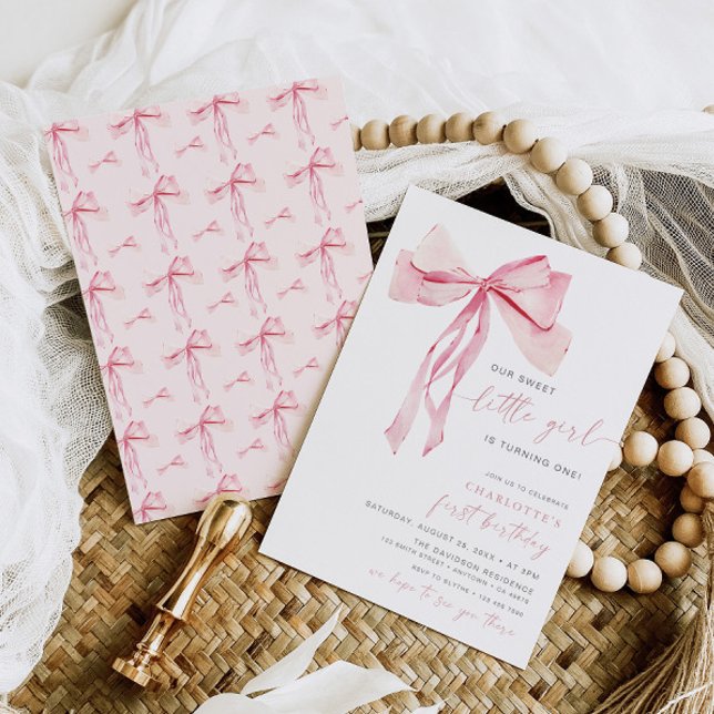 Pink Bow First Birthday Invitation Girl Coquette (Creator Uploaded)