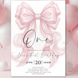 Pink Bow First Birthday Invite, Coquette Pink Ribb Invitation