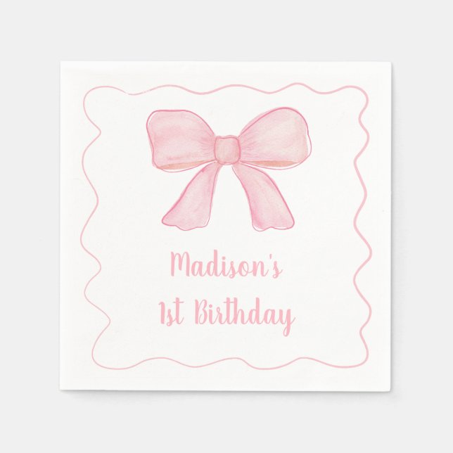 Pink Bow First Birthday Napkin (Front)