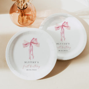 Pink Bow First Birthday Paper Plate Girl Blush