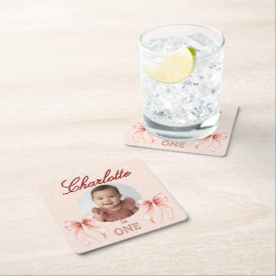 Pink Bow First Birthday! Square Paper Coaster