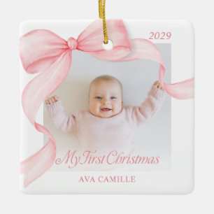Pink Bow First Christmas Photo Ornament