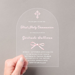 Pink bow First Holy Communion girl Acrylic Invitations