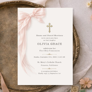 Pink Bow First Holy Communion Girl's Invitation