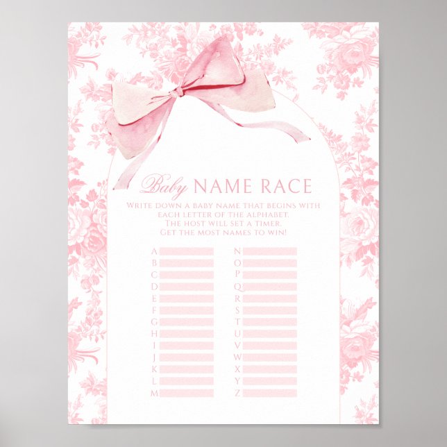 Pink Bow Floral Baby Girl Name Race Shower Game Poster (Front)