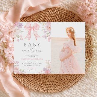 Pink Bow Floral Baby in Bloom Baby Shower Photo Invitation