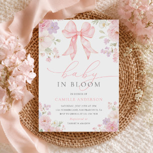 Pink Bow Floral Baby in Bloom Girl Baby Shower Invitation