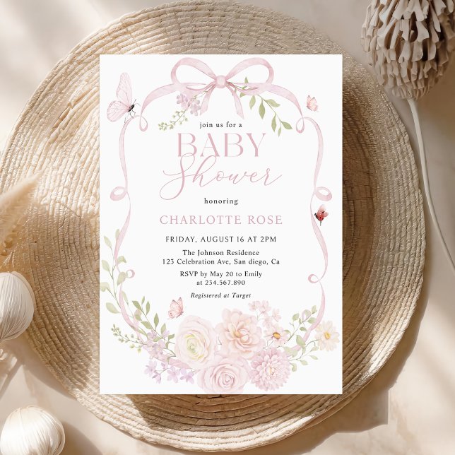 Pink Bow Floral Baby Shower Invitation (Creator Uploaded)