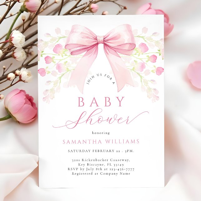 Pink Bow Floral Baby Shower Invitation (Creator Uploaded)