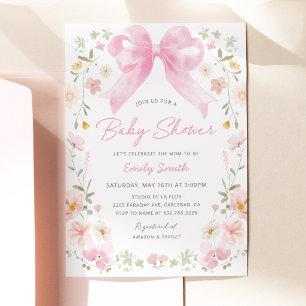 Pink Bow Floral Baby Shower Invitation