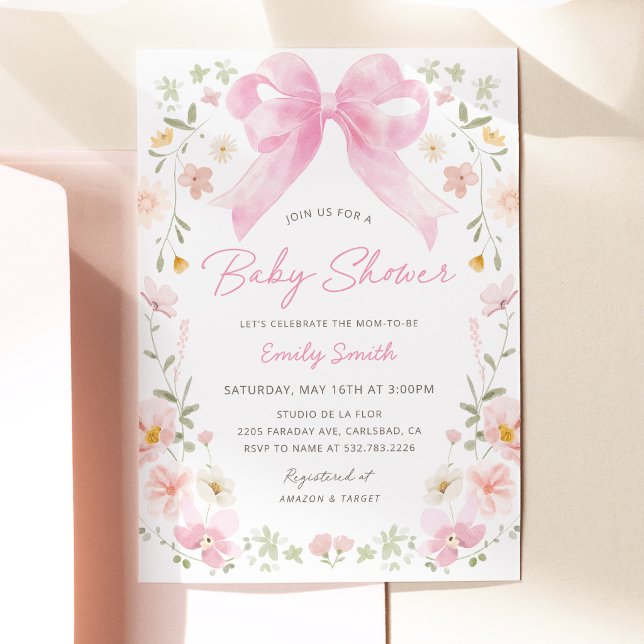 Pink Bow Floral Baby Shower Invitation (Pink Bow Floral Baby Shower Invitation, Blush Pink Baby Girl Shower Invite, Watercolor Flowers)