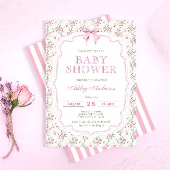 Pink Bow Floral Baby Shower Invitation (Creator Uploaded)