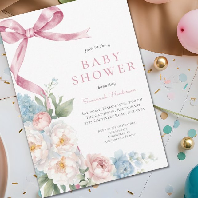 Pink Bow Floral Baby Shower Invitation (Creator Uploaded)