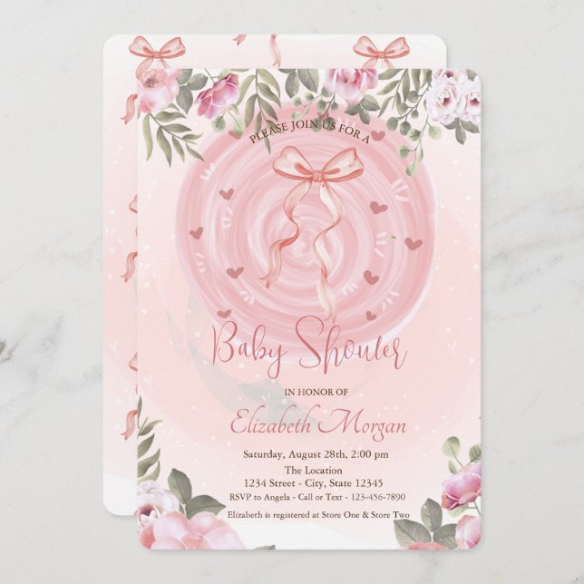Pink Bow Floral Baby Shower  Invitation (Front/Back)