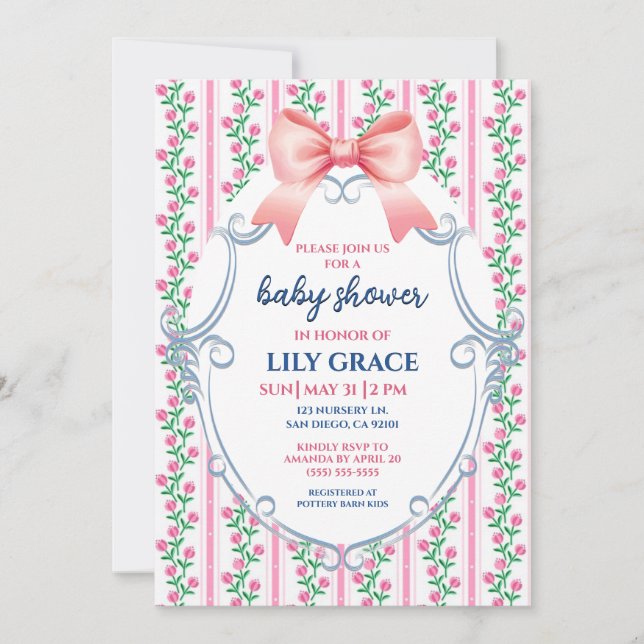 Pink Bow Floral Baby Shower Invitation (Front)