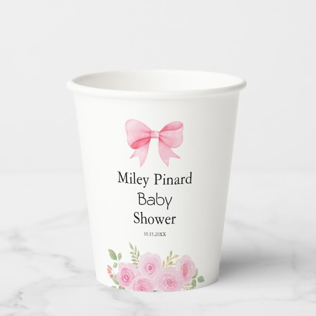 Pink Bow Floral Baby Shower Party Paper Cups (Front)