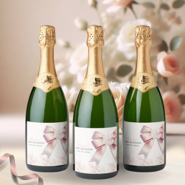 Pink Bow floral Baby Shower  Sparkling Wine Label (Creator Uploaded)