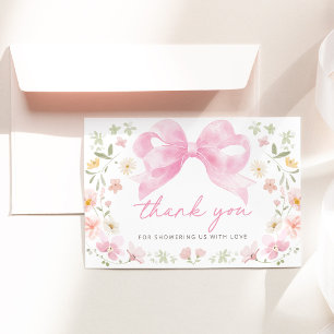 Pink Bow Floral Baby Shower Thank You Card