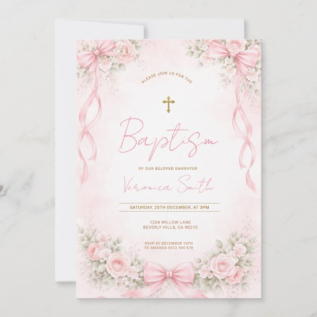 Pink Bow Floral Baptism for Girl Invitation (Front)