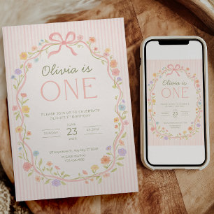 Pink Bow Floral Birthday Invite Girl Garden Party