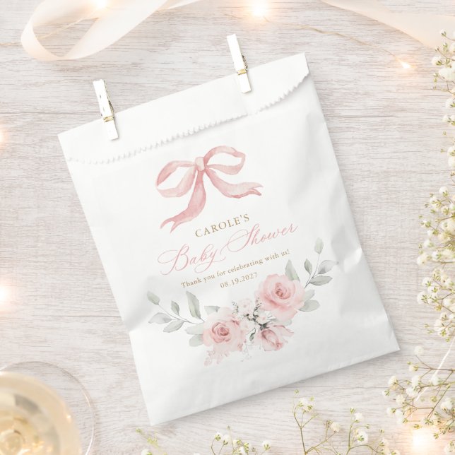 Pink Bow Floral Blush Gold Greenery Baby Shower Favour Bags (Clipped)