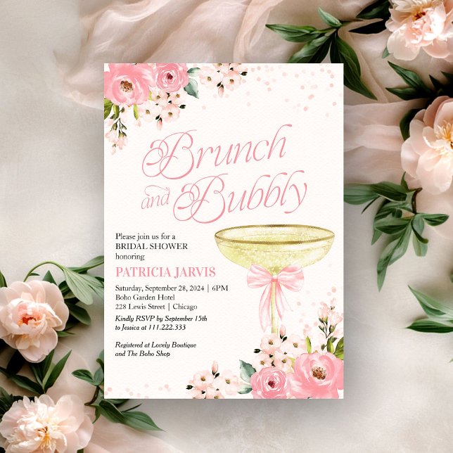Pink Bow Floral Brunch And Bubbly Bridal Shower Invitation (Creator Uploaded)