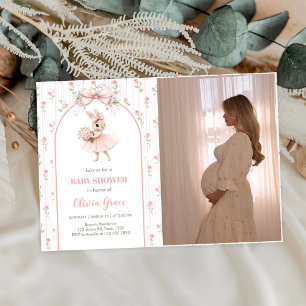 Pink Bow & Floral Bunny Baby Shower Photo Invitation
