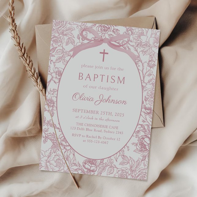 Pink Bow Floral Chinoiserie Baptism Invitation (Creator Uploaded)