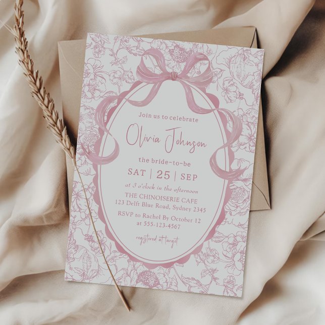 Pink Bow Floral Chinoiserie Bridal Shower Invitation (Creator Uploaded)