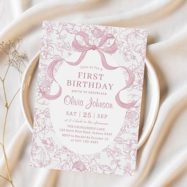 Pink Bow Floral Chinoiserie Toile Birthday Invitation (Creator Uploaded)