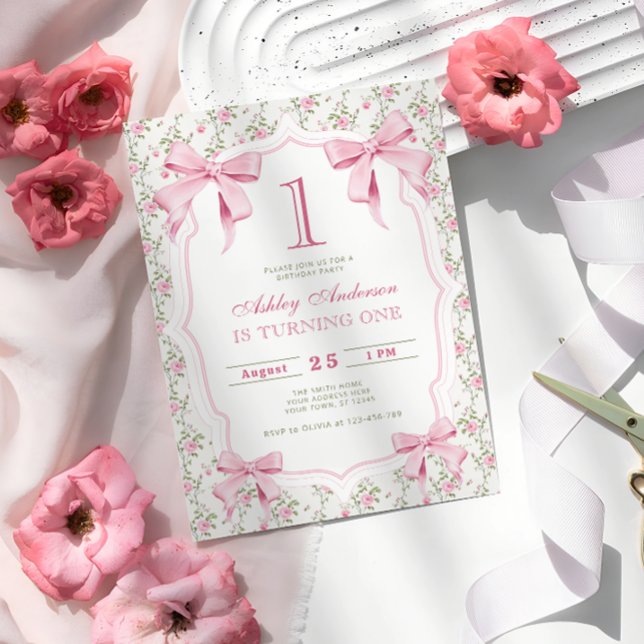 Pink Bow Floral Coquette 1st Birthday Invitation (Creator Uploaded)