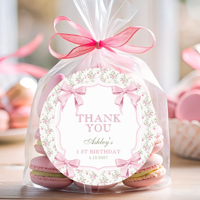 Pink Bow Floral Coquette 1st Birthday Thank You  Classic Round Sticker (Creator Uploaded)