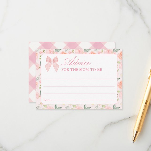 Pink Bow Floral Coquette Baby Shower Advice Card (Front/Back In Situ)