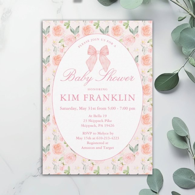Pink Bow Floral Coquette Gingham Girl Baby Shower Invitation (Creator Uploaded)