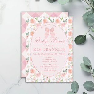 Pink Bow Floral Coquette Gingham Girl Baby Shower Invitation