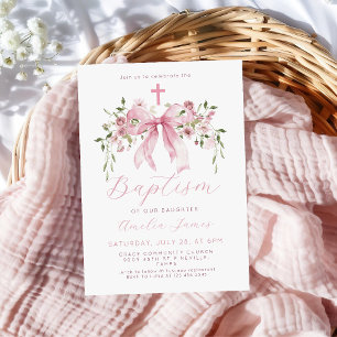 Pink Bow Floral Coquette Girl Baptism  Invitation