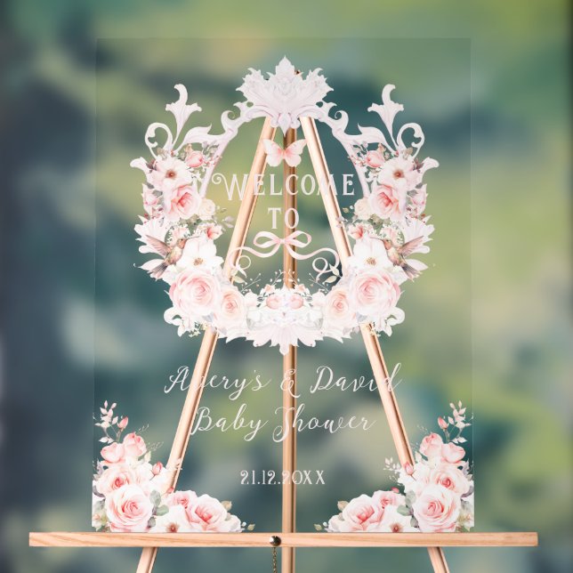 Pink Bow Floral Crest Baby Girl Shower welcome Acrylic Sign (Neutral)
