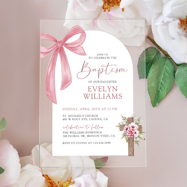 Pink Bow Floral Cross Girl Baptism & Christening  Acrylic Invitations (Creator Uploaded)