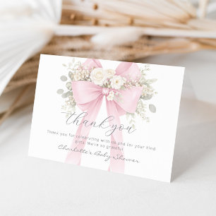 Pink Bow Floral Eucalyptus Baby Shower Thank You Card