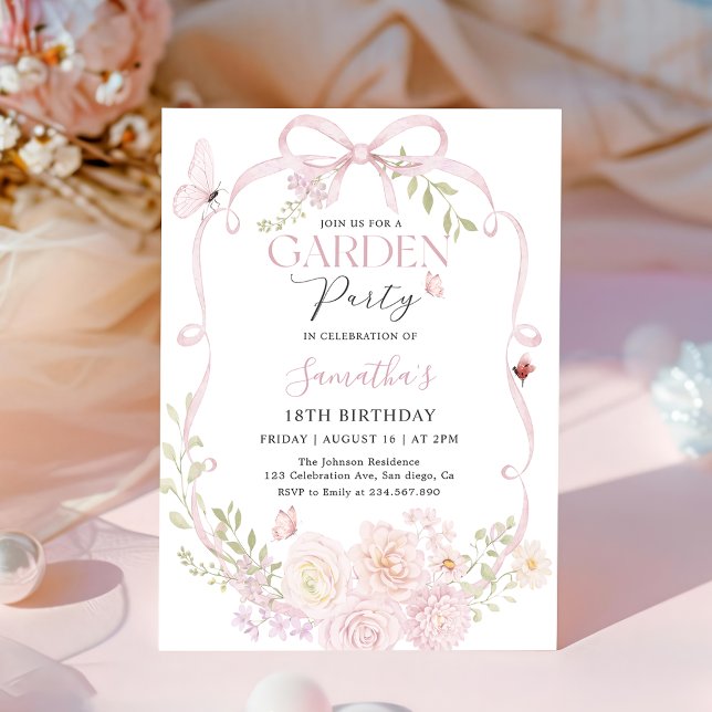 Pink Bow Floral Garden Birthday Invitation (Creator Uploaded)