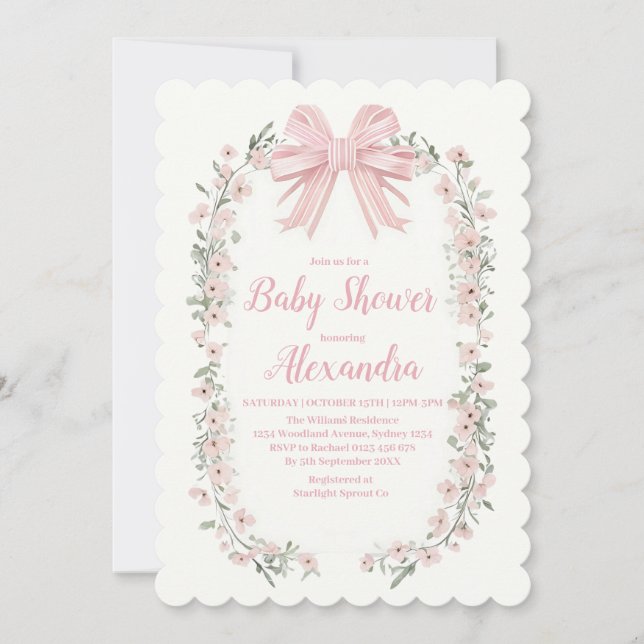 Pink Bow Floral Girl Baby Shower Invitation (Front)