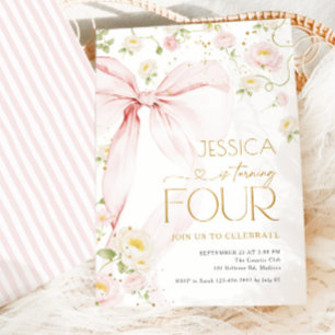 Pink Bow Floral Girls 4th Birthday Invitation