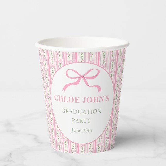 Pink Bow Floral Graduation Paper Cups (Front)