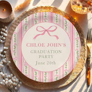 Pink Bow Floral Graduation Paper Plate